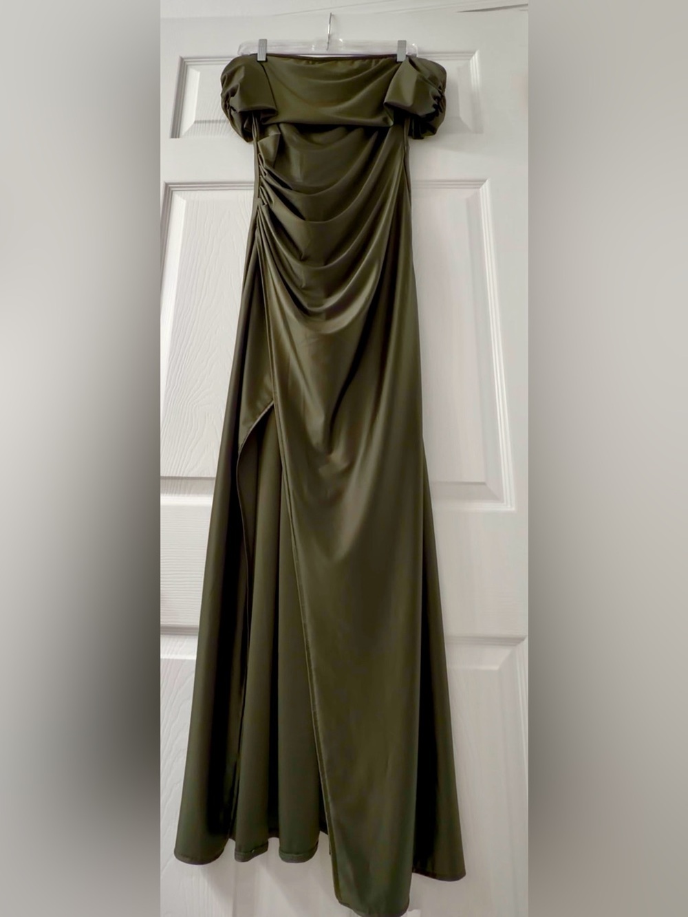 Olive Green Off-Shoulder Draped Satin Maxi Dress. Polyester/Spandex. Size M